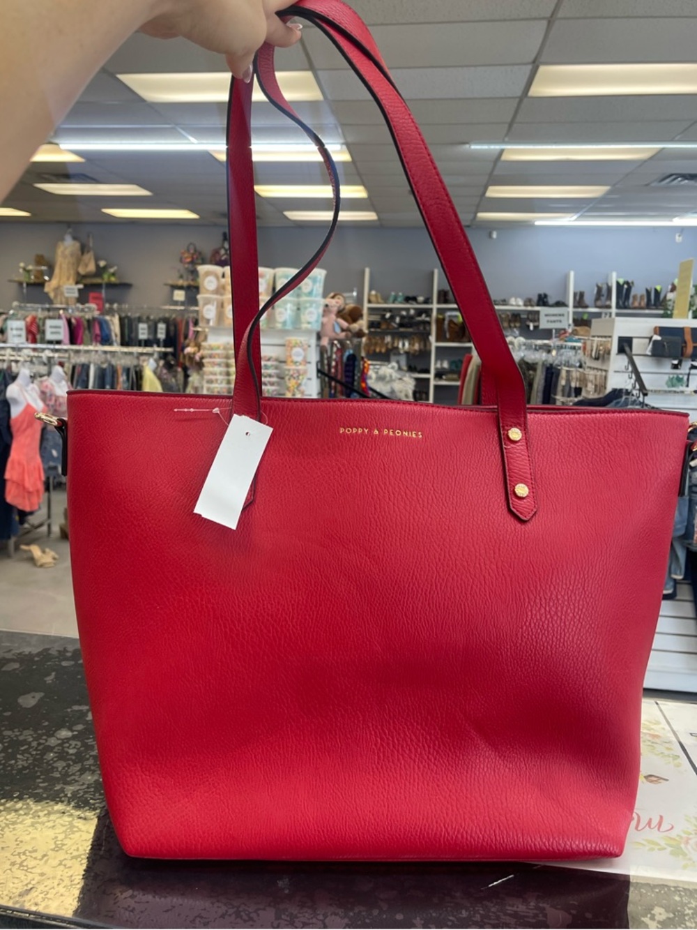 Poppy & Peonies Red Pebbled Leather Tote
